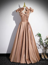 A-line Champagne Satin Bow Prom Dress